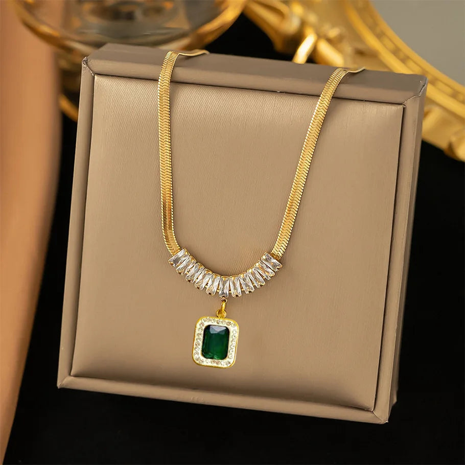 Square Green Stone With Zircon Stainless Steel Jewelry Set Party