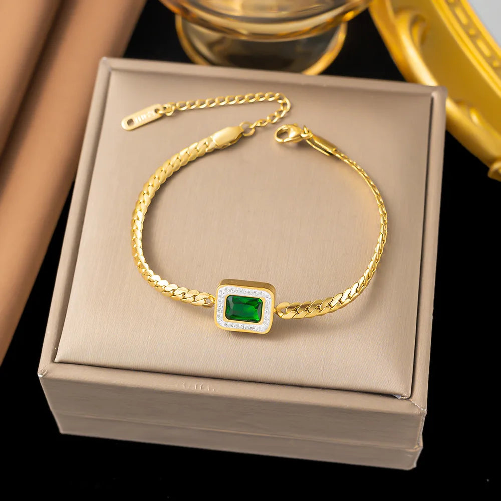 Square Green Stone With Zircon Stainless Steel Jewelry Set Party