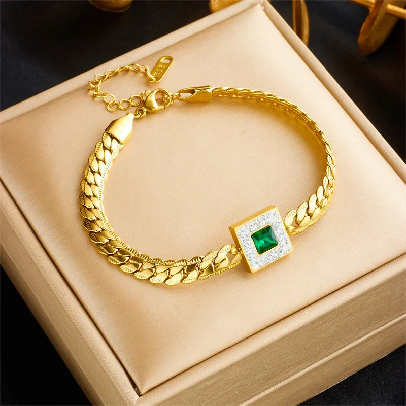 Square Green Stone With Zircon Stainless Steel Jewelry Set Party