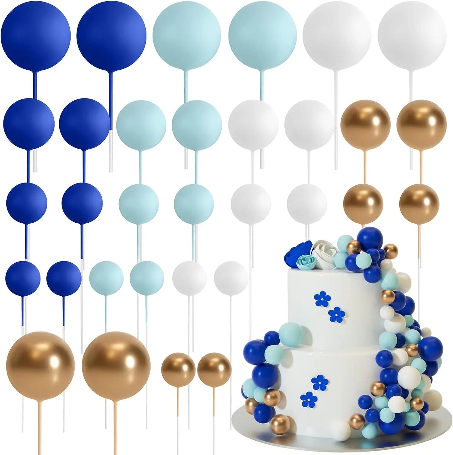 32Pcs Blue Gold Ball  Mini Balloons Foam Balls Cake Picks