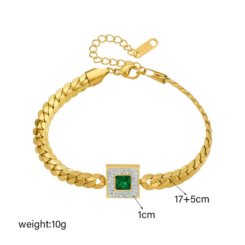 Square Green Stone With Zircon Stainless Steel Jewelry Set Party