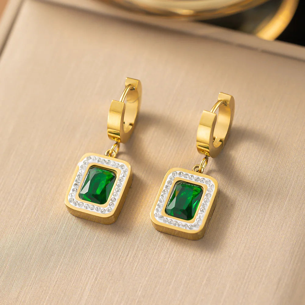 Square Green Stone With Zircon Stainless Steel Jewelry Set Party