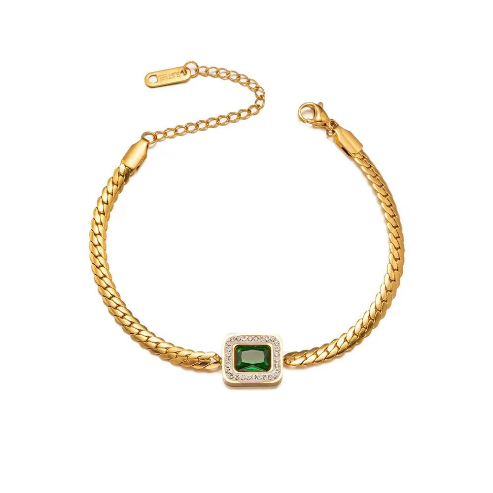 Square Green Stone With Zircon Stainless Steel Jewelry Set Party